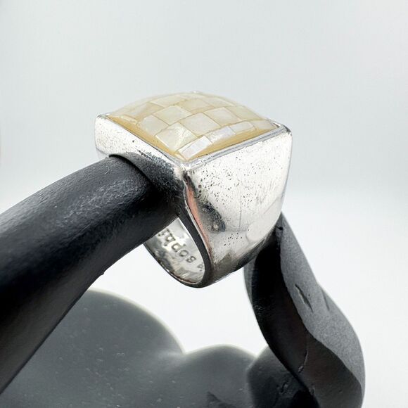 Lia Sophia Silver Tone Mother of Pearl Mosaic Ring Modern Square Statement - Picture 4 of 10